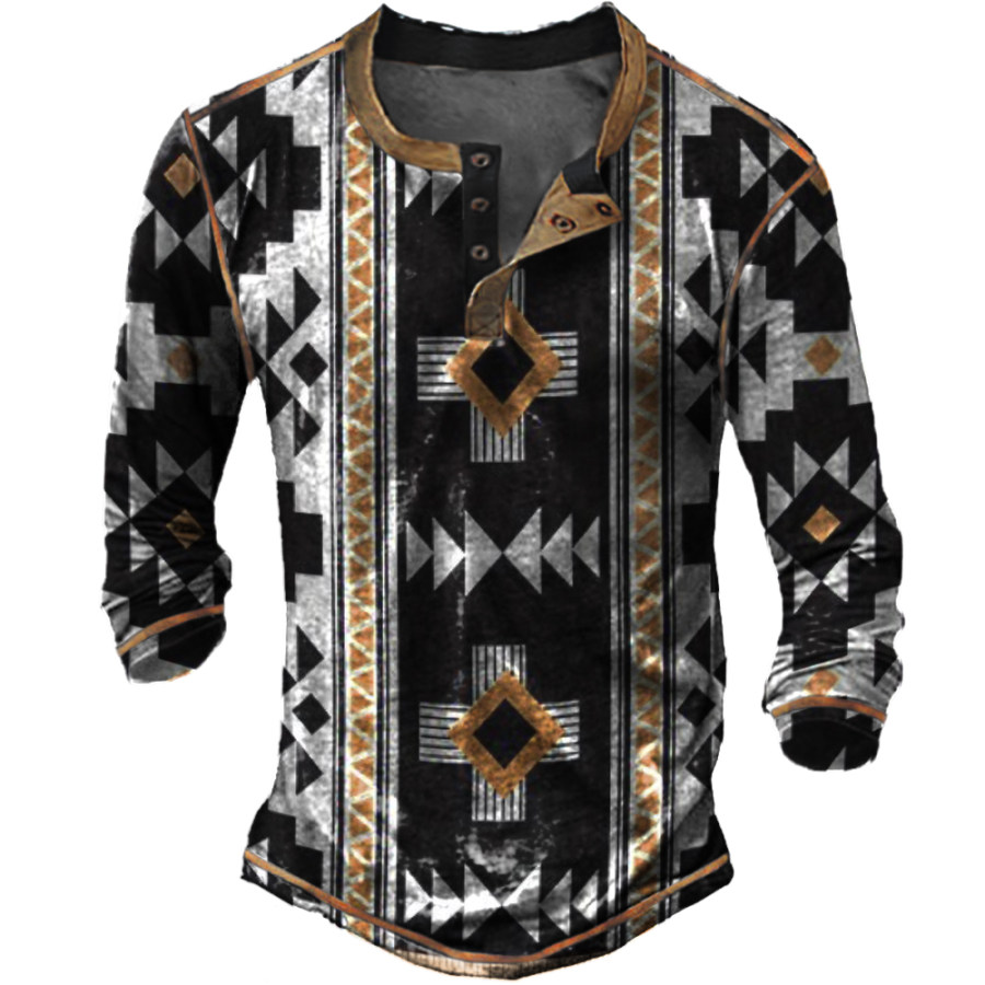 

Men's Ethnic Print Henley Collar Long Sleeve T-Shirt