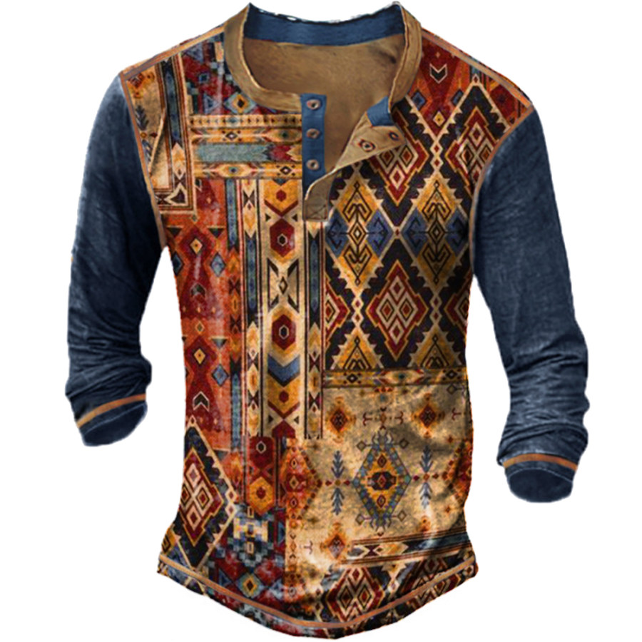 

Men's Ethnic Print Henley Collar Long Sleeve T-Shirt