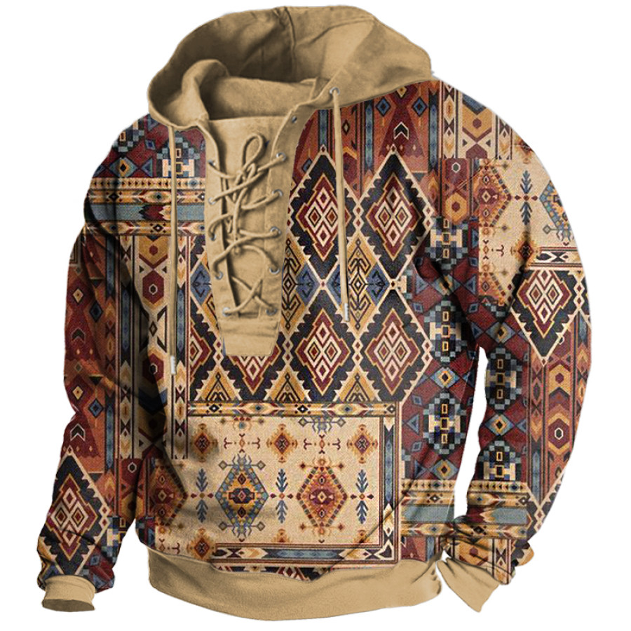 

Men's Ethnic Print Colorblock Vintage Print Lace-Up Hoodie