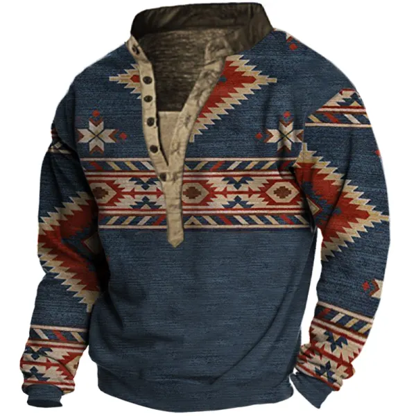 Men's Ethnic Print Henley Collar Sweatshirt - Cotosen.com