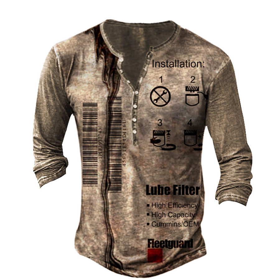 

Men's Vintage Motor Oil Print Henley T-Shirt