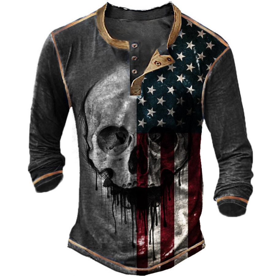 

Men's Outdoor Skull American Flag Henley Long Sleeve T-Shirt