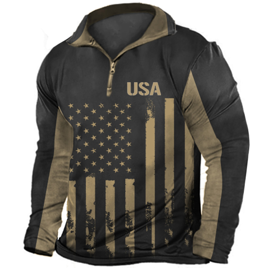 

Men's American Flag Print Polo Long Sleeve T-Shirt
