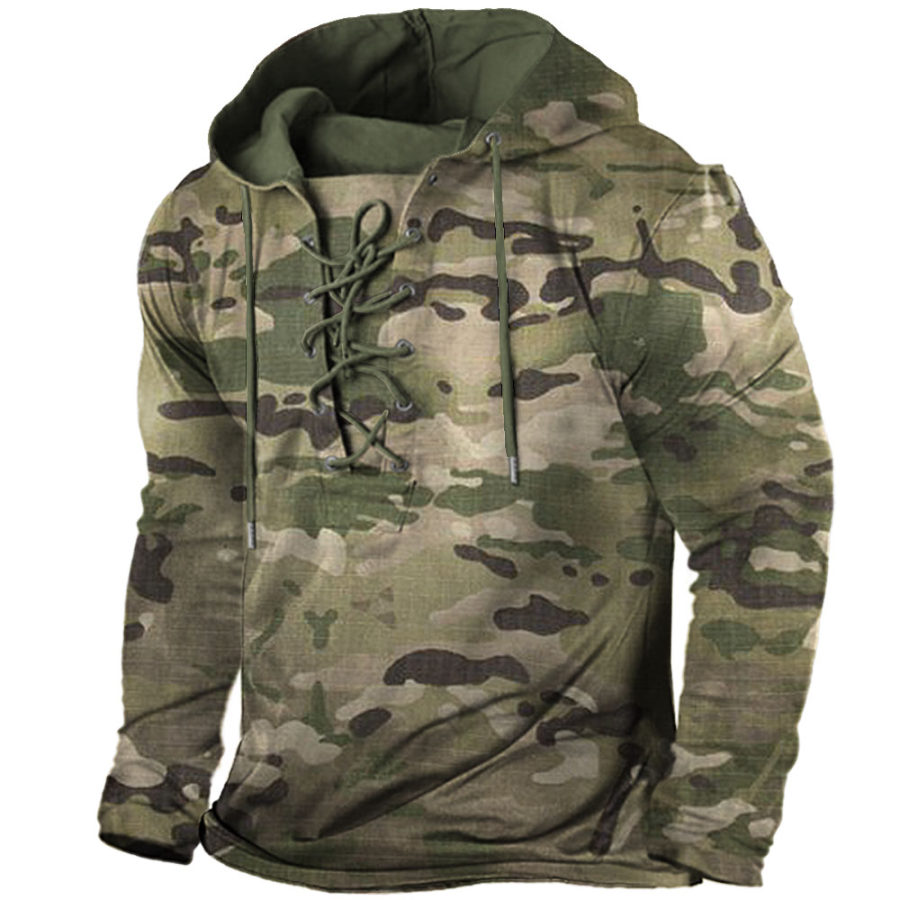 

Men's Outdoor Tactical Vintage Camo Print Lace-Up Hooded Long Sleeve T-Shirt