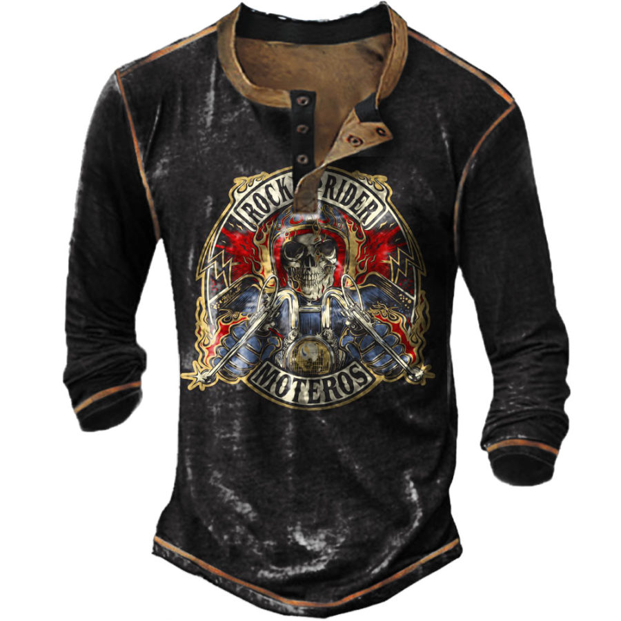 

Men's Vintage Skull Motorcycle Print Henley Collar Long Sleeve T-Shirt