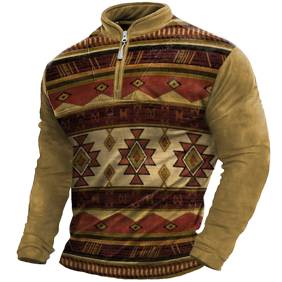 

Men's Vintage Ethnic Print Standing Collar Sports Sweatshirt