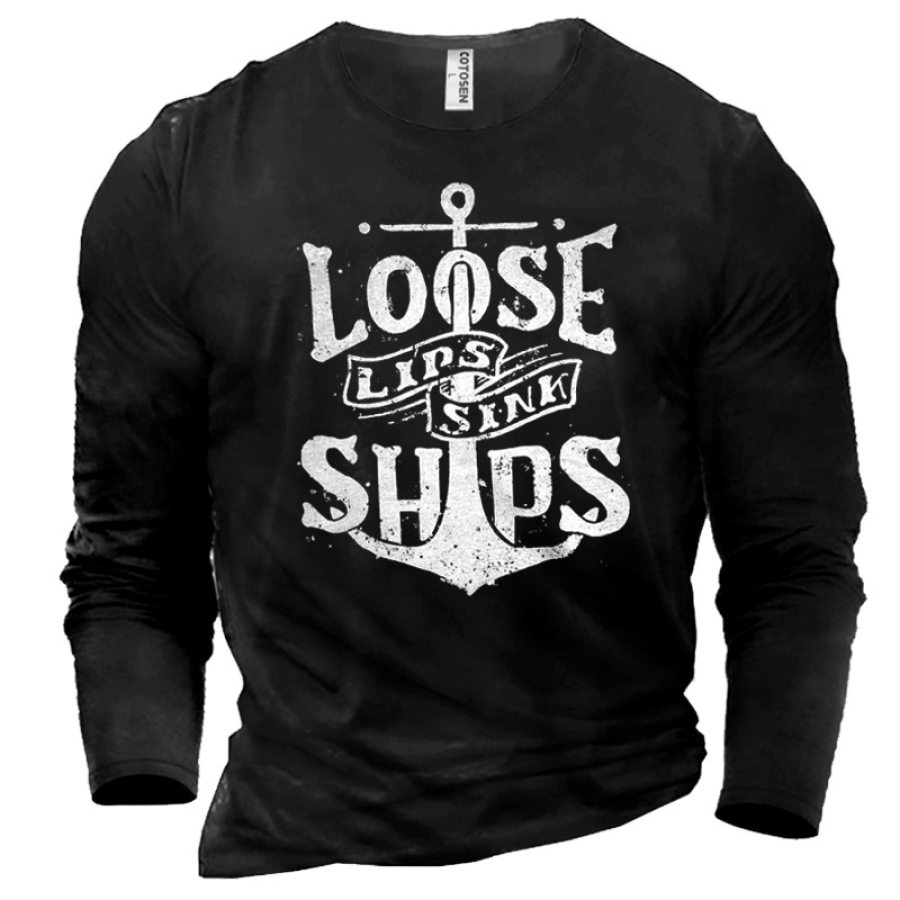 

Loose Lips Sink Ships Men's Anchor Print Cotton T-Shirt