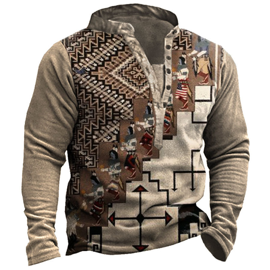 

Men's Vintage Ethnic Print Henley Sweatshirt