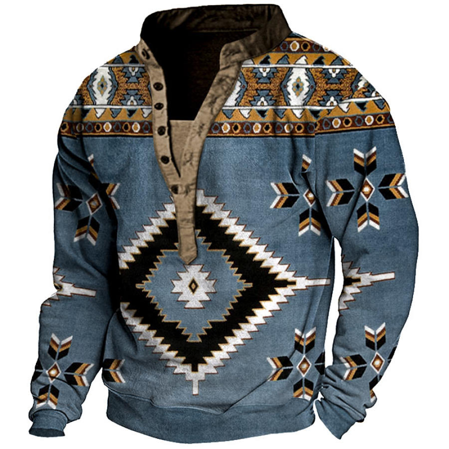 

Men's Contrast Ethnic Print Henley Sweatshirt
