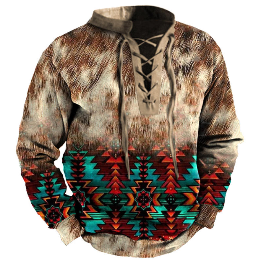 

Men's Vintage Ethnic Animal Fur Print Lace-Up Sweatshirt