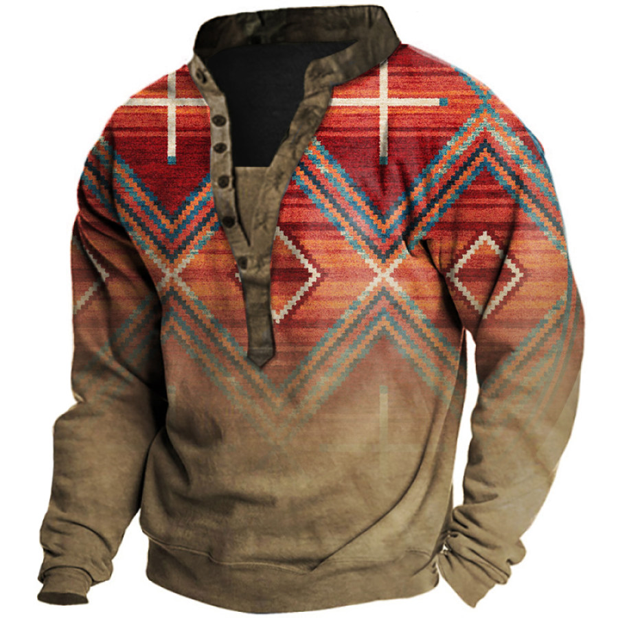 

Men's Vintage Ethnic Geometric Pattern Henley Sweatshirt