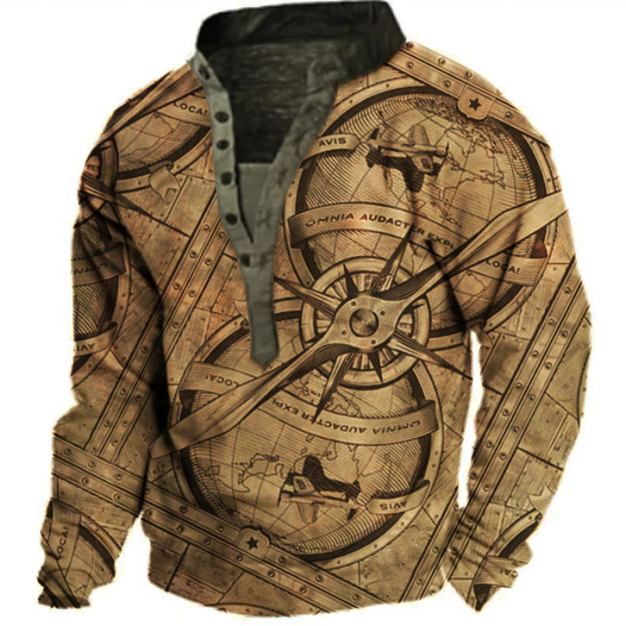 

Men's World Map Mechanical Graphic Print Henley Collar Sweatshirt