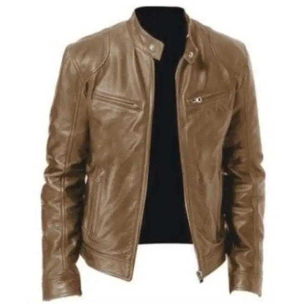 Men's Vintage Motorcycle Pocket Full Zip Leather Jacket - Kalesafe.com 