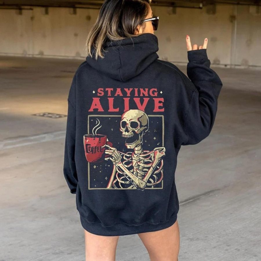 

Women's Staying Alive Coffee Skeleton Hoodie