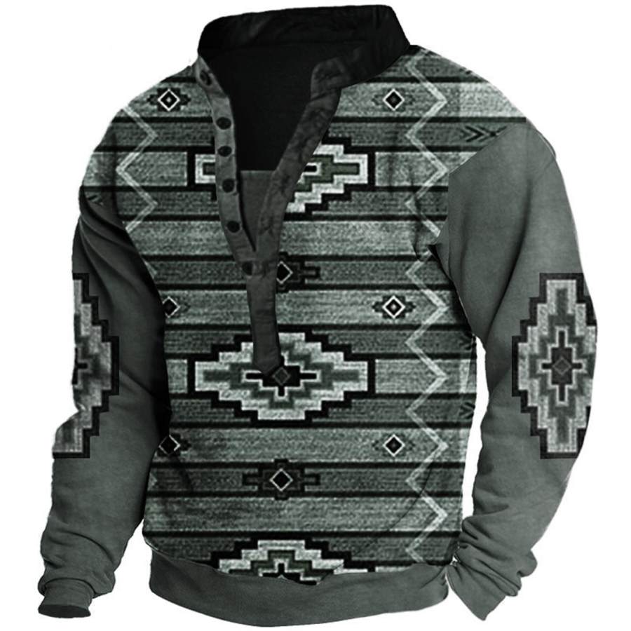 

Men's Vintage Ethnic Geometric Henley Sweatshirt