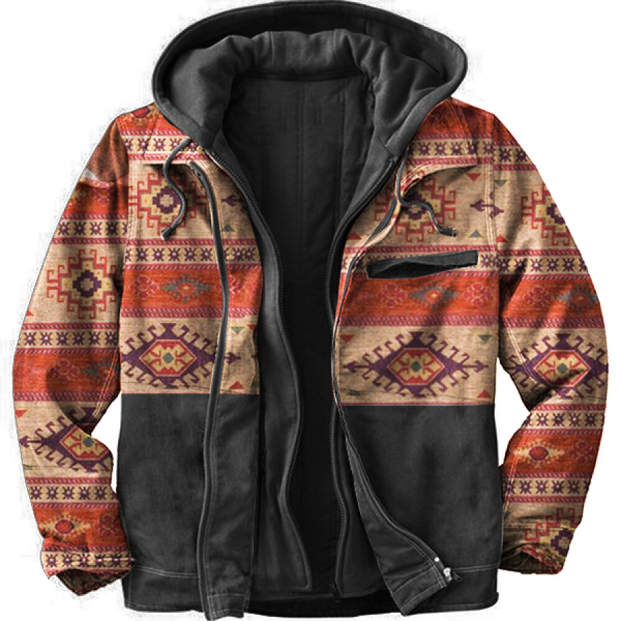 

Men's Ethnic Print Winter Flannel Quilted Lined Plaid Hooded Shirt Jacket