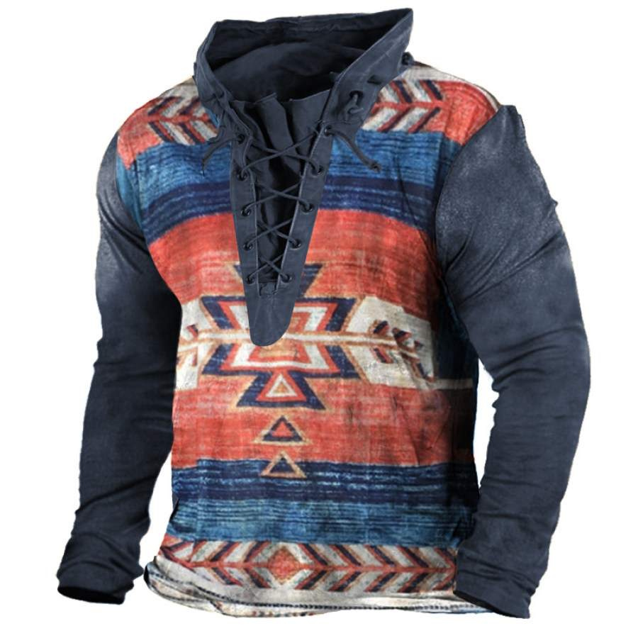 

Men's Vintage Western Ethnic Print Outdoor Tactical Lace-Up Hooded T-Shirt