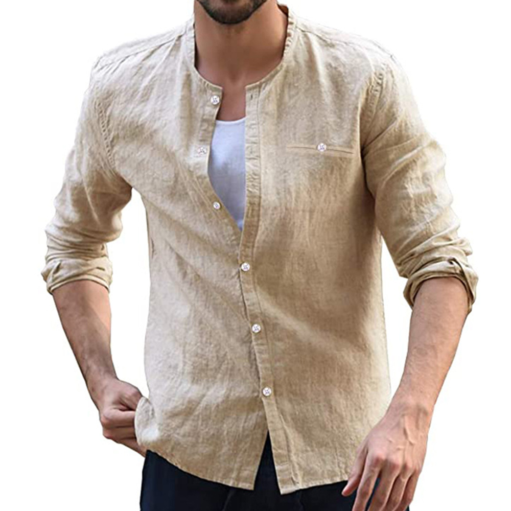 Men's Collarless Solid Casual Chic Cotton Linen Long Sleeve Shirt