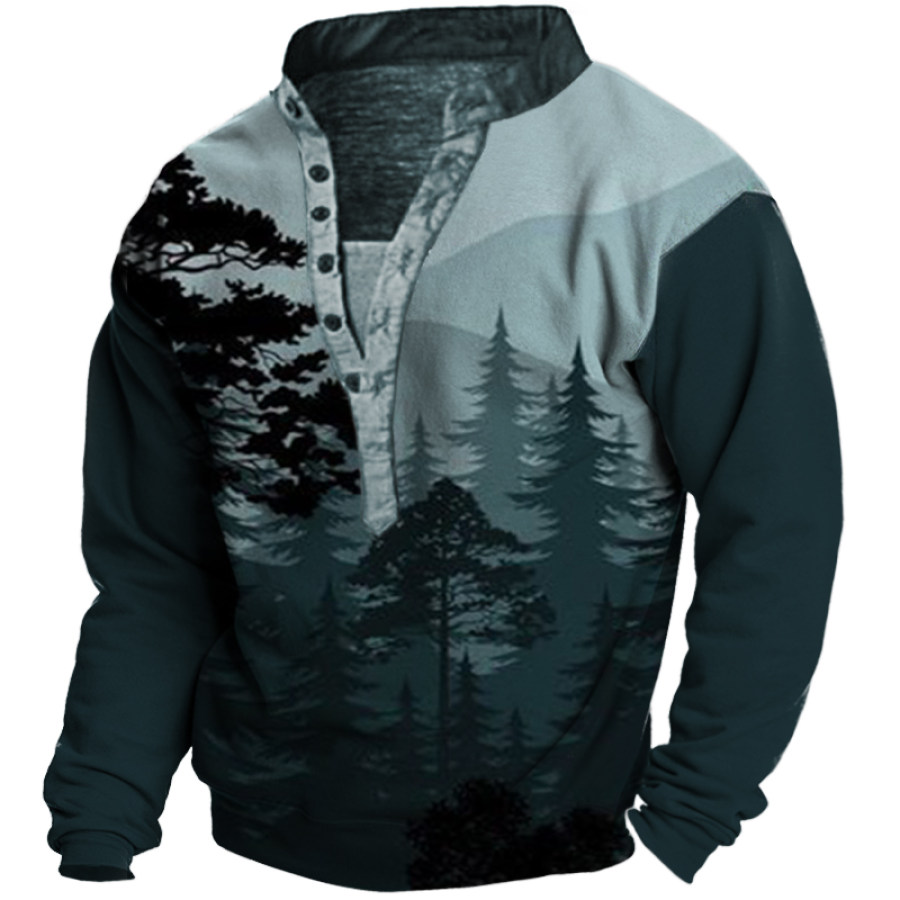 

Men's Outdoor Hill Forest Print Henley Collar Sweatshirt