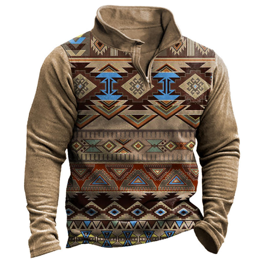 

Men's Vintage Ethnic Print Half Zip Sweatshirt