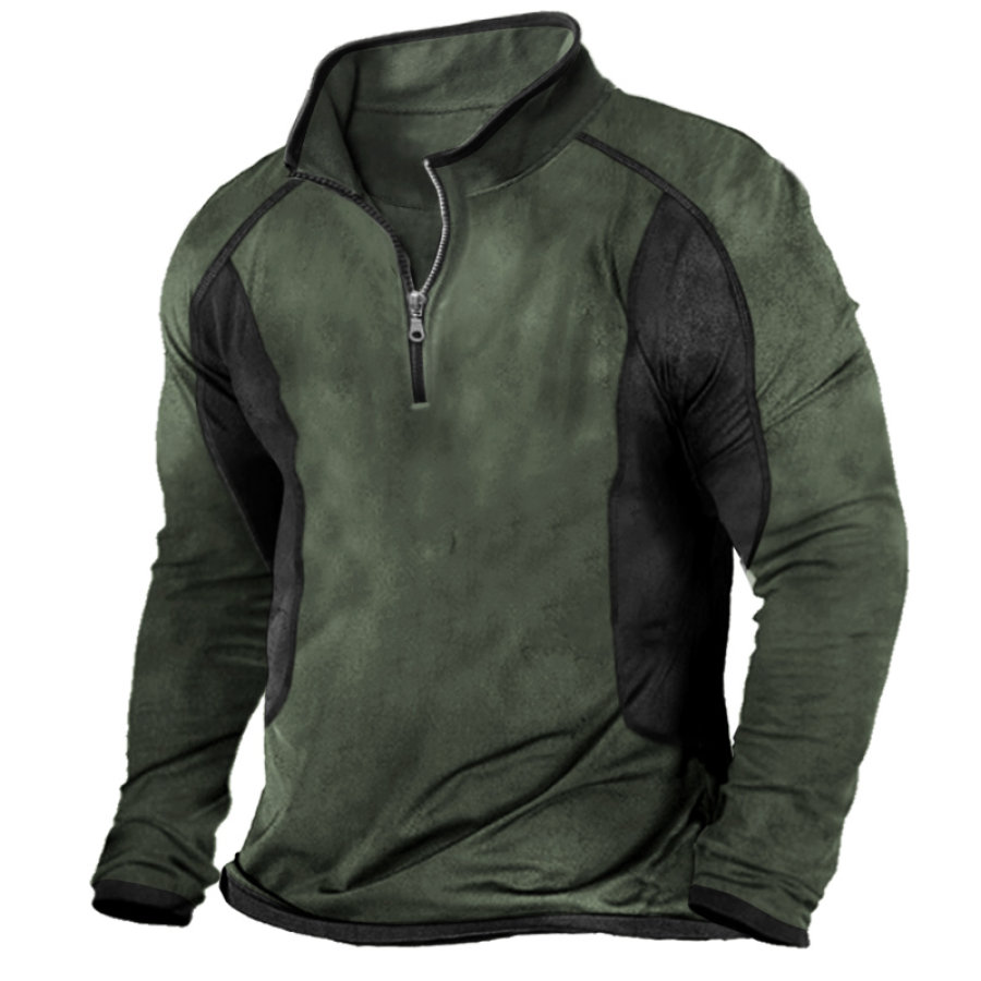 

Men's Contrast Color Patchwork Outdoor Training Half-Zip Tactical T-Shirt