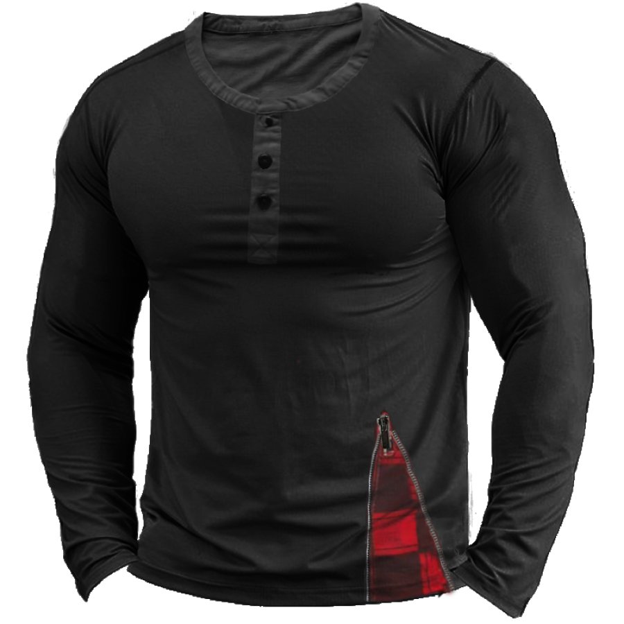 

Men's Vintage Plaid Zip Patchwork Henley Collar T-Shirt