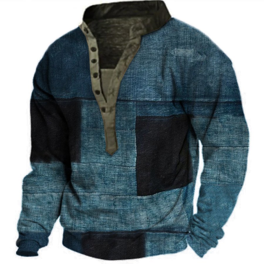 

Men's Vintage Patchwork Henley Collar Sweatshirt