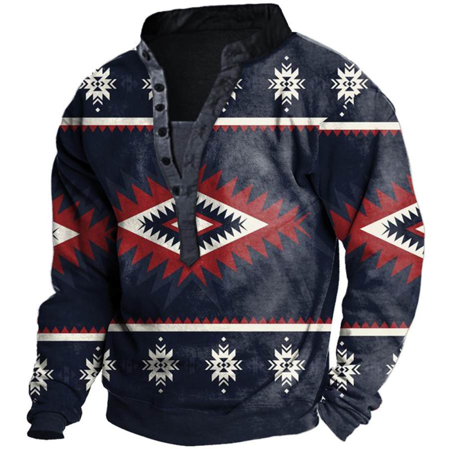 

Men's Vintage Ethnic Geometric Henley Sweatshirt