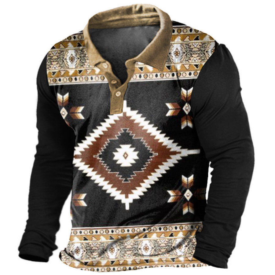 

Men's Vintage Ethnic Geometric Pattern Polo Long Sleeve T-Shirt