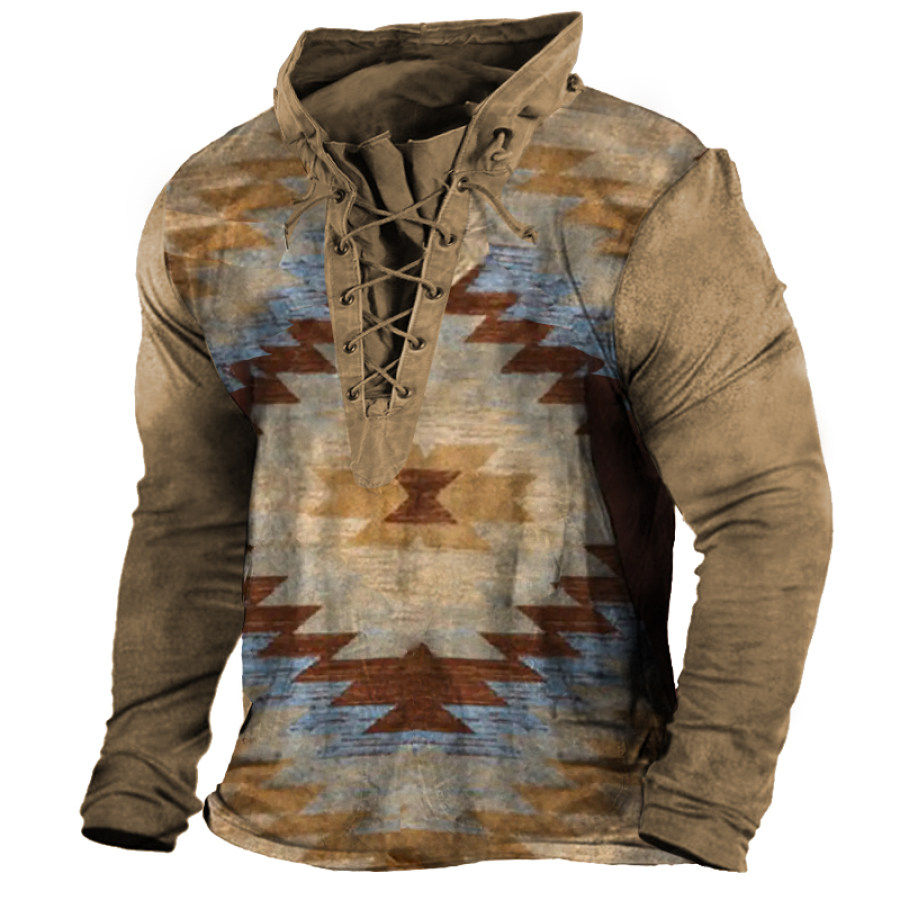 

Men's Vintage Western Ethnic Print Outdoor Tactical Lace-Up Hooded T-Shirt