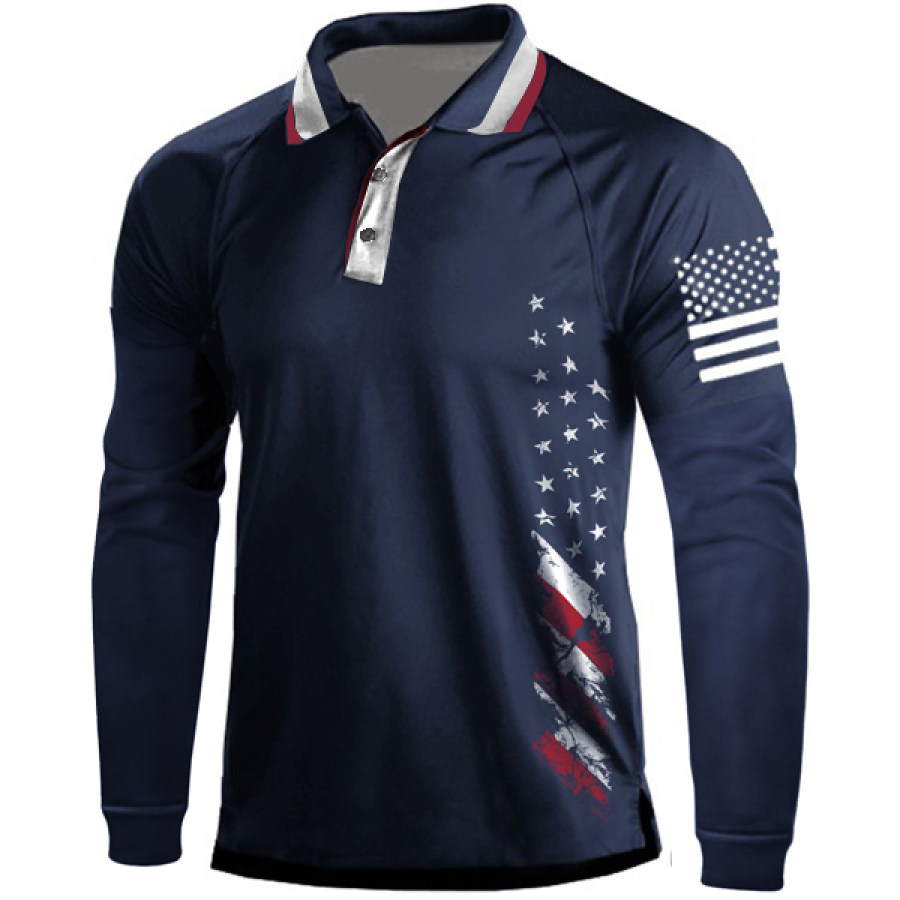 

Men American Flag Raglan Long Sleeve Polo Shirt