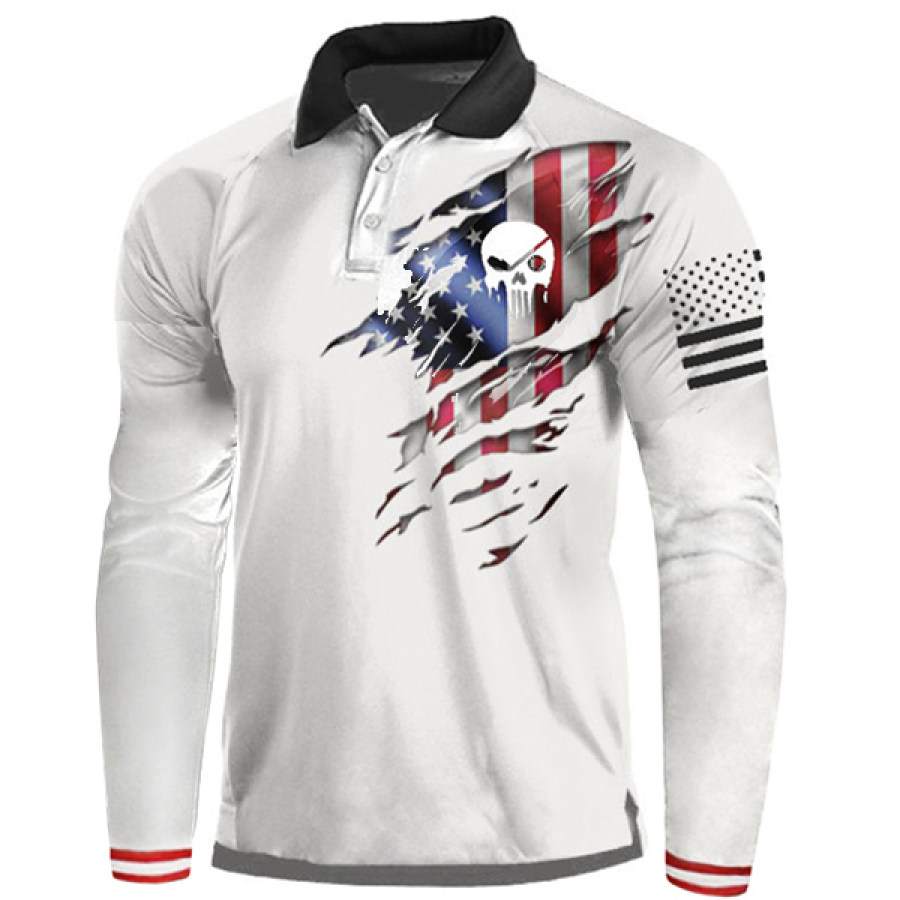 

Men American Flag Skull Raglan Long Sleeve Polo Shirt