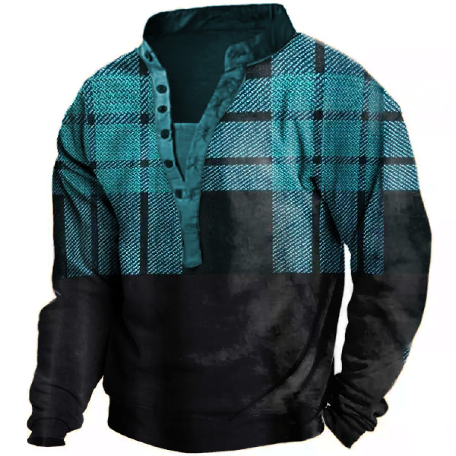 

Men's Check Print Henley Sweatshirt