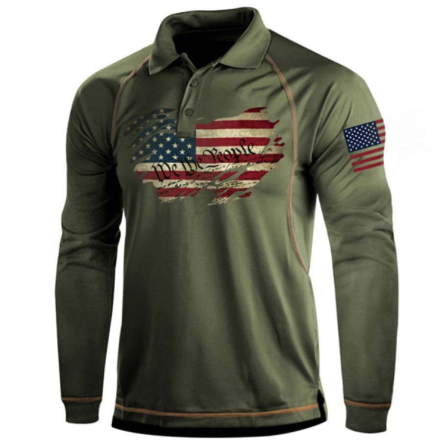 

Men American Flag Raglan Long Sleeve Polo Shirt