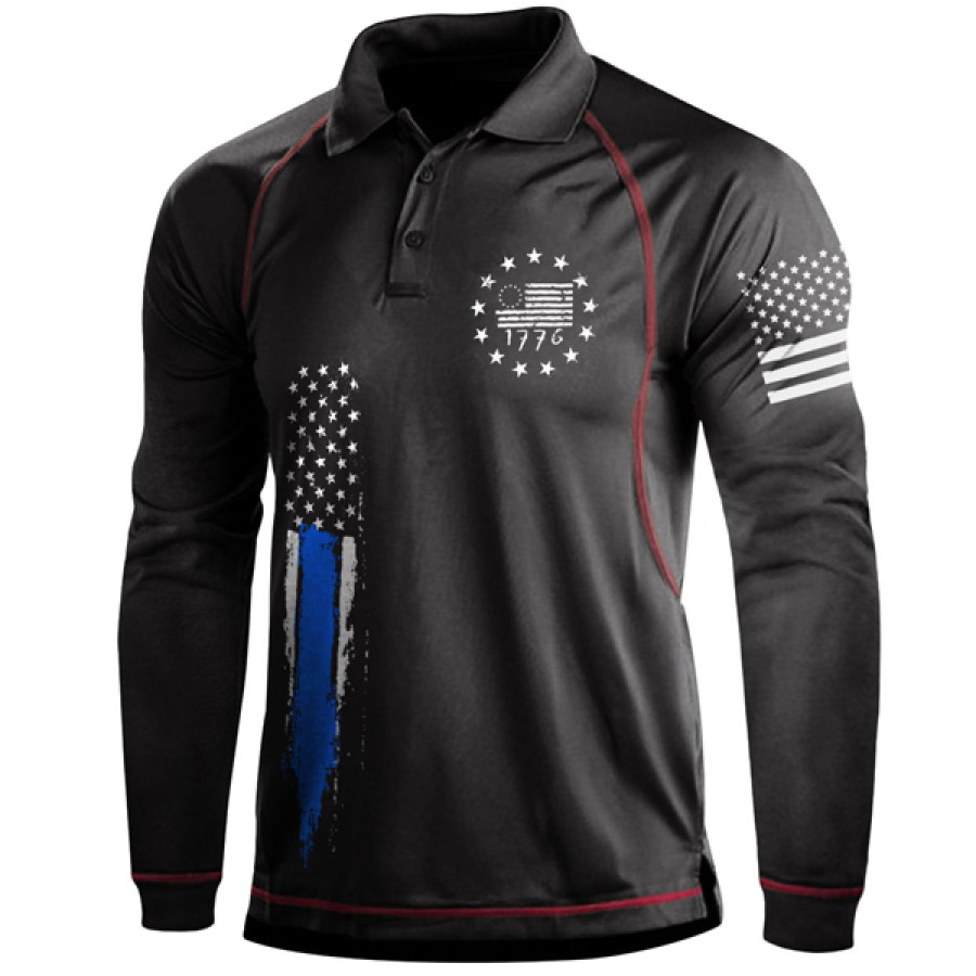 

Men American Flag 1776 Raglan Long Sleeve Polo Shirt