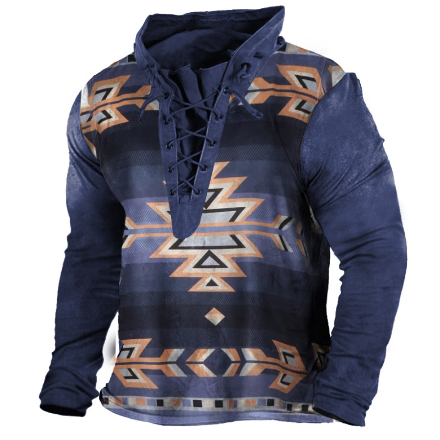 

Vintage Western Ethnic Print Outdoor Tactical Lace-Up Hooded T-Shirt