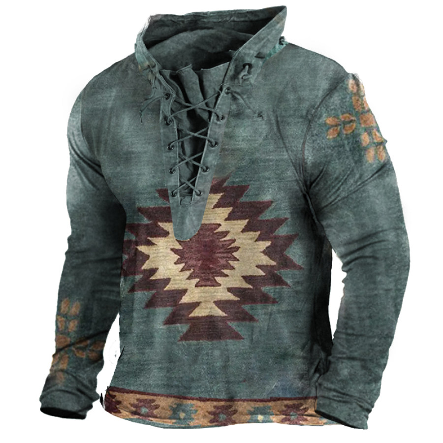 

Men's Vintage Western Ethnic Print Outdoor Tactical Lace-Up Hooded T-Shirt