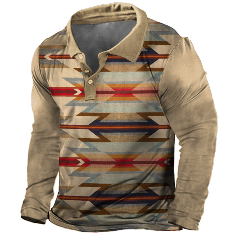 

Men's Western Ethnic Print Polo Neck Long Sleeve T-Shirt