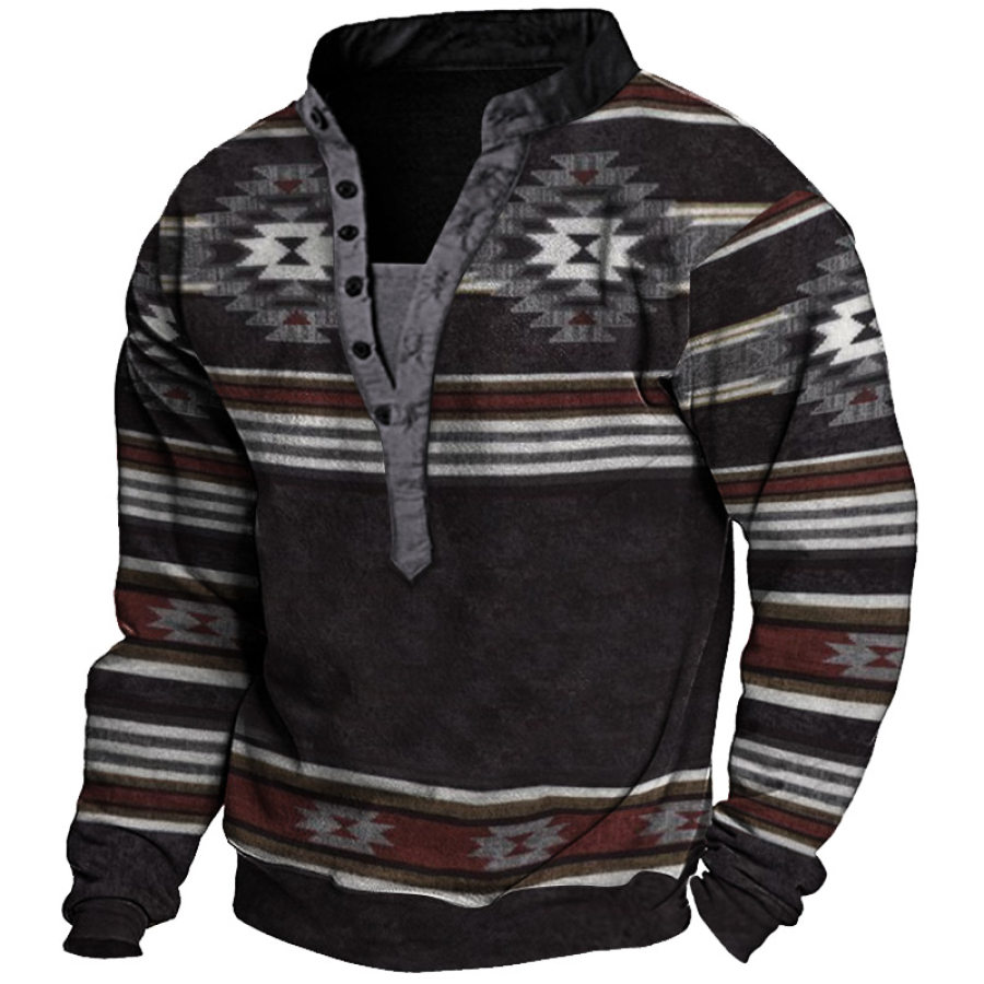 

Men's Striped Ethnic Print Henley Sweatshirt