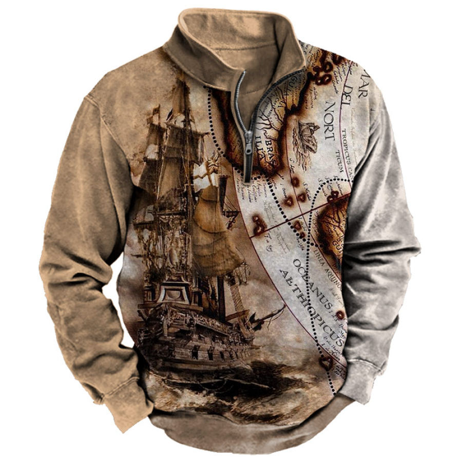 

Men's Vintage Nautical Boat Print Half Zip Sweatshirt