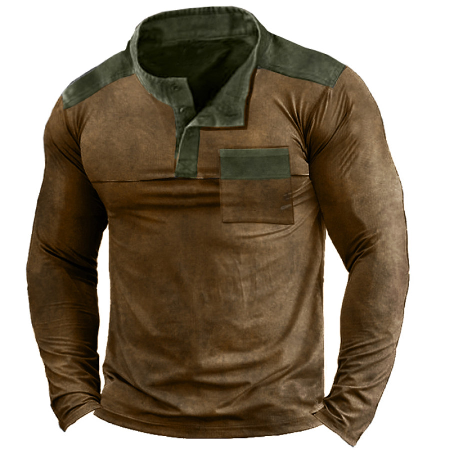 

Men's Vintage Pocket Patchwork Henley Collar T-Shirt
