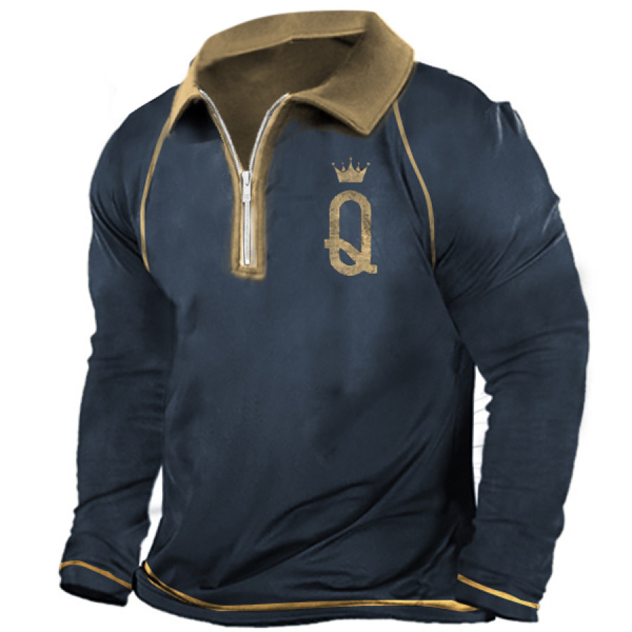 

Queen Print Men's Vintage Zip Polo Long Sleeve T-Shirt