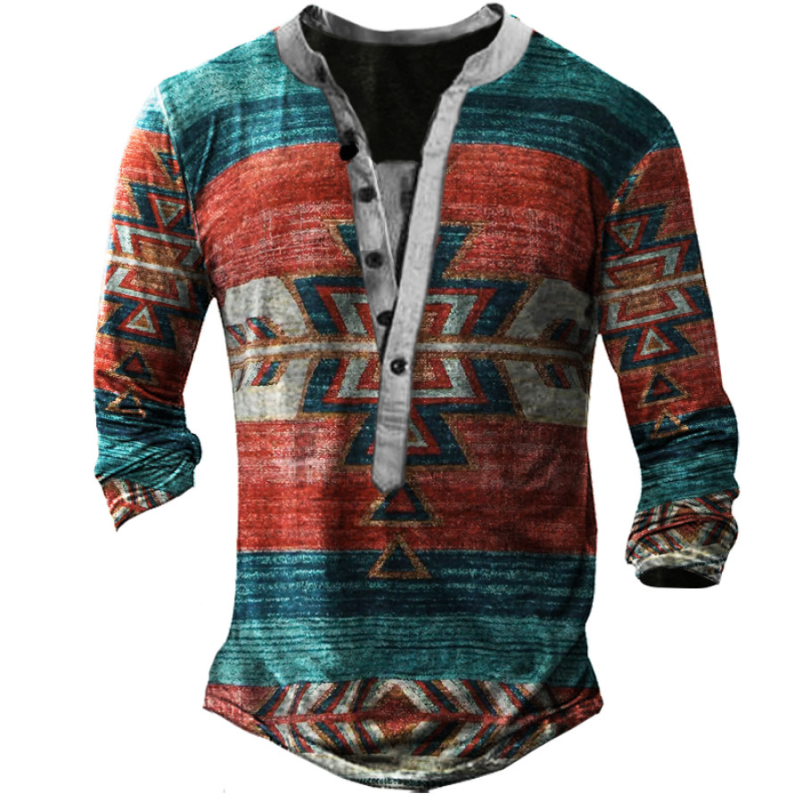 

Men's Vintage Western Ethnic Graphic Print Men's Henley Long Sleeve T-Shirt