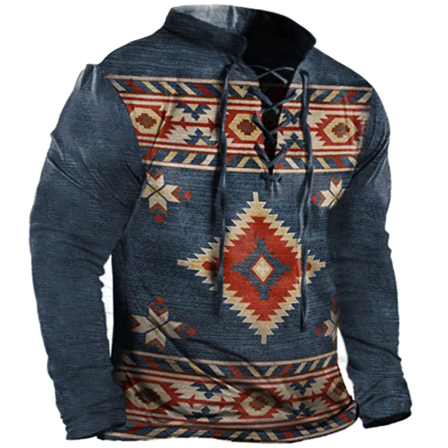

Men's Western Ethnic Print Cross Tie Collar Casual Long Sleeve T-Shirt