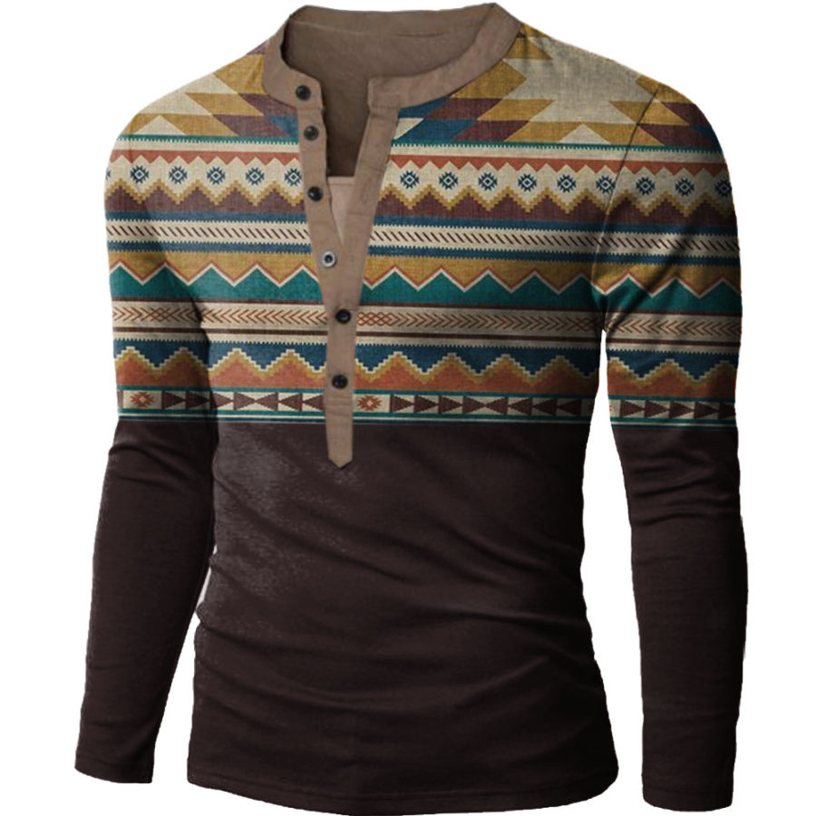 

Men's Western Ethnic Print Henley Collar Long Sleeve T-Shirt