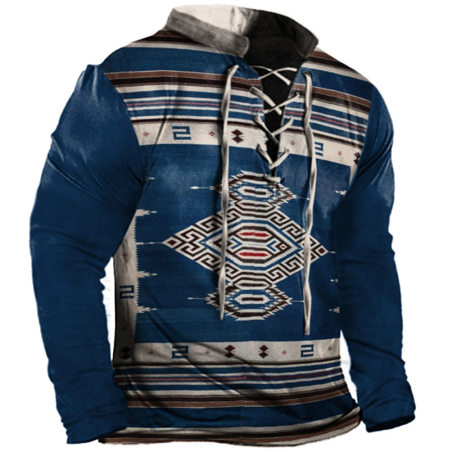 

Men's Western Ethnic Print Cross Tie Collar Casual Long Sleeve T-Shirt