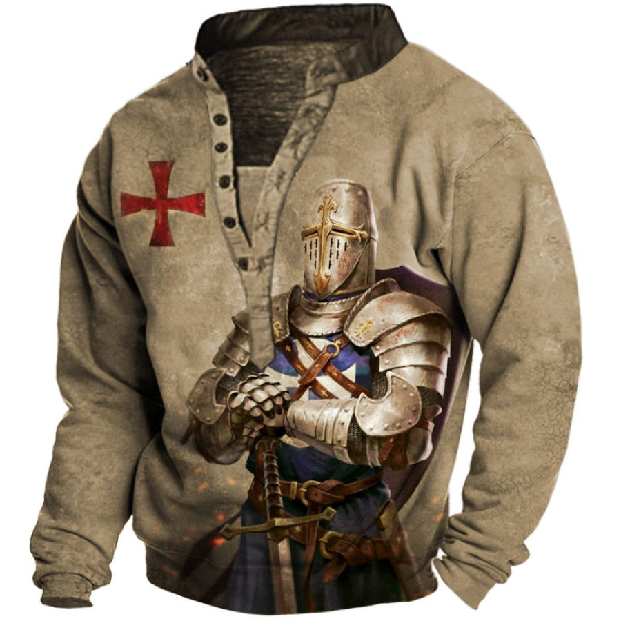 

Men's Vintage Templar Cross Henley Collar Sweatshirt