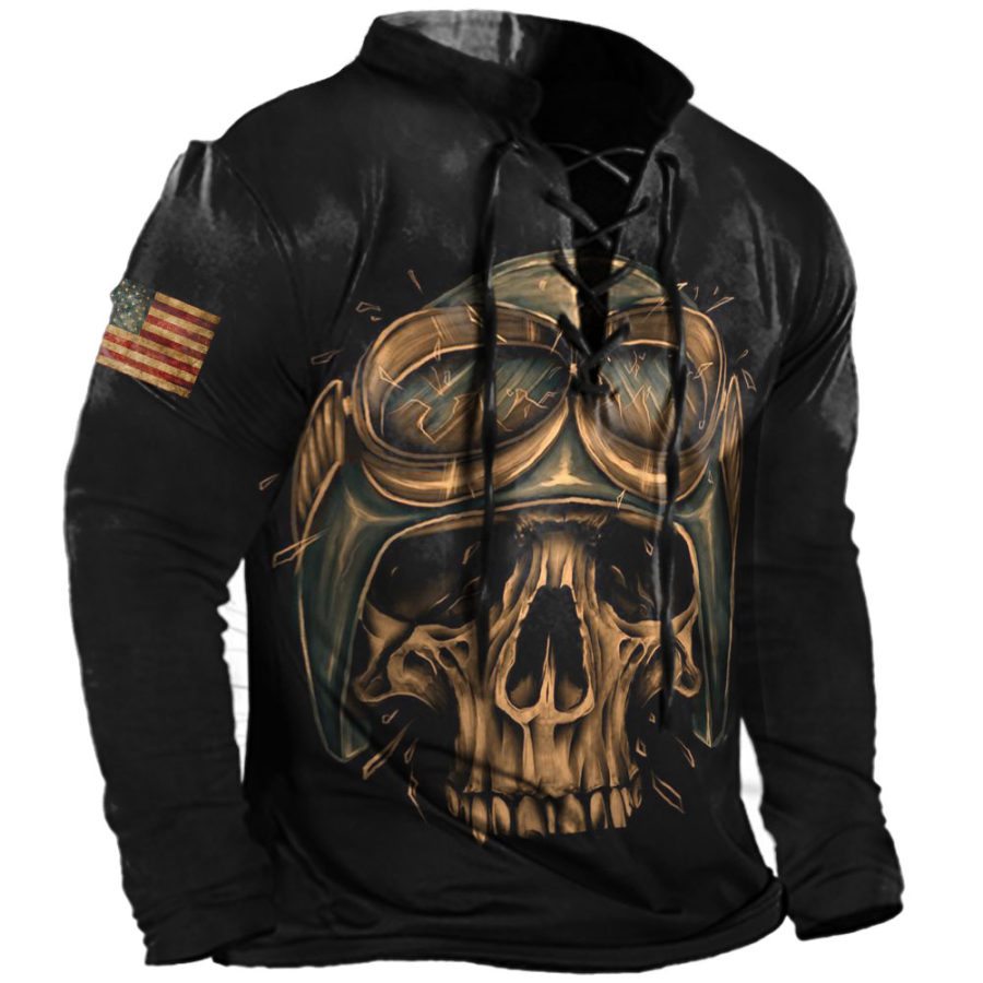 

Men's American Flag Skull Print Cross Tie Collar Casual Long Sleeve T-Shirt