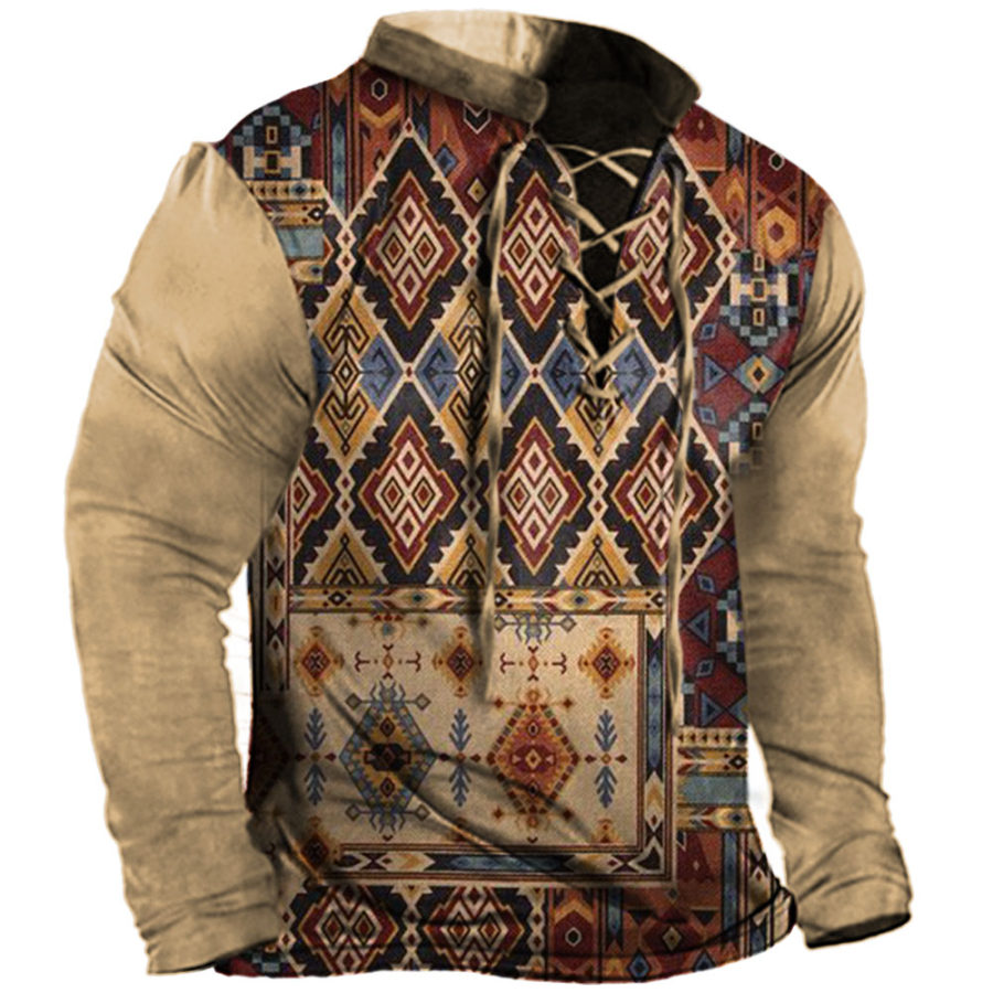 

Men's Western Ethnic Print Cross Tie Collar Casual Long Sleeve T-Shirt