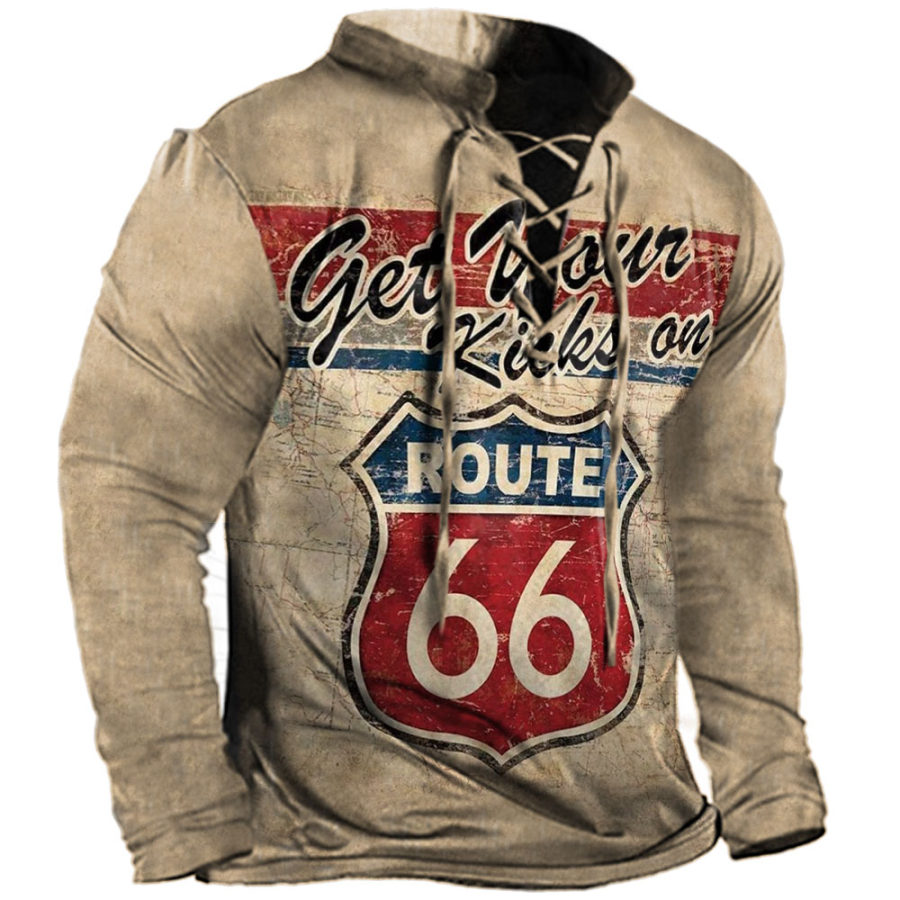 

Men's Vintage America Route 66 Print Cross Tie Collar Casual Long Sleeve T-Shirt